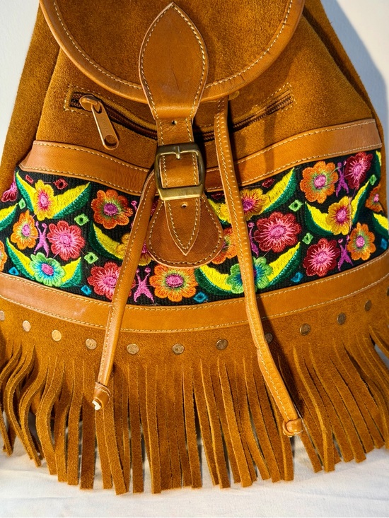 Boho Fringe Suede Backpack with Floral Embroidery - Brown main image 8
